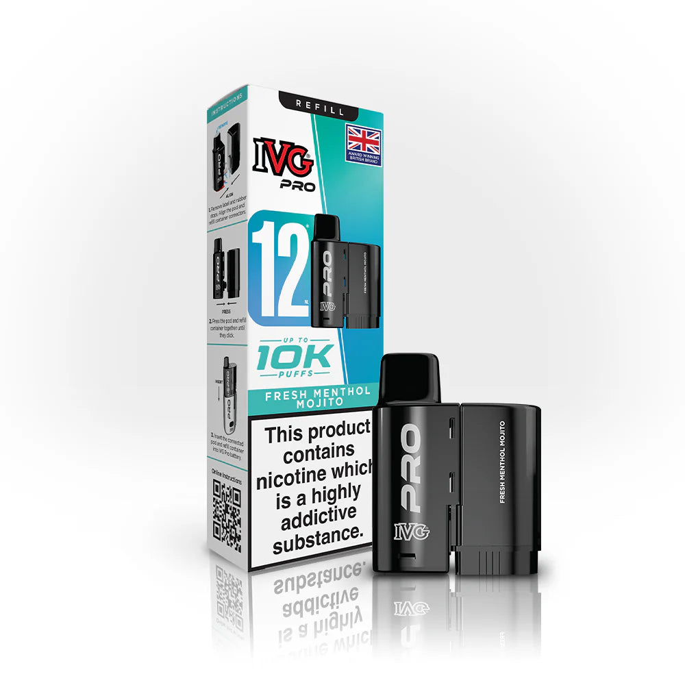 IVG Pro 12 Refill Pods – 2ml + 10ml | Up to 10,000 Puffs | 20mg Nic Salt - Fresh Menthol Mojito image