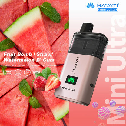 Hayati Mini Ultra 1500 Puffs Prefilled Vape Kit - Fruit Bomb / Straw' Watermelon Bubblegum image