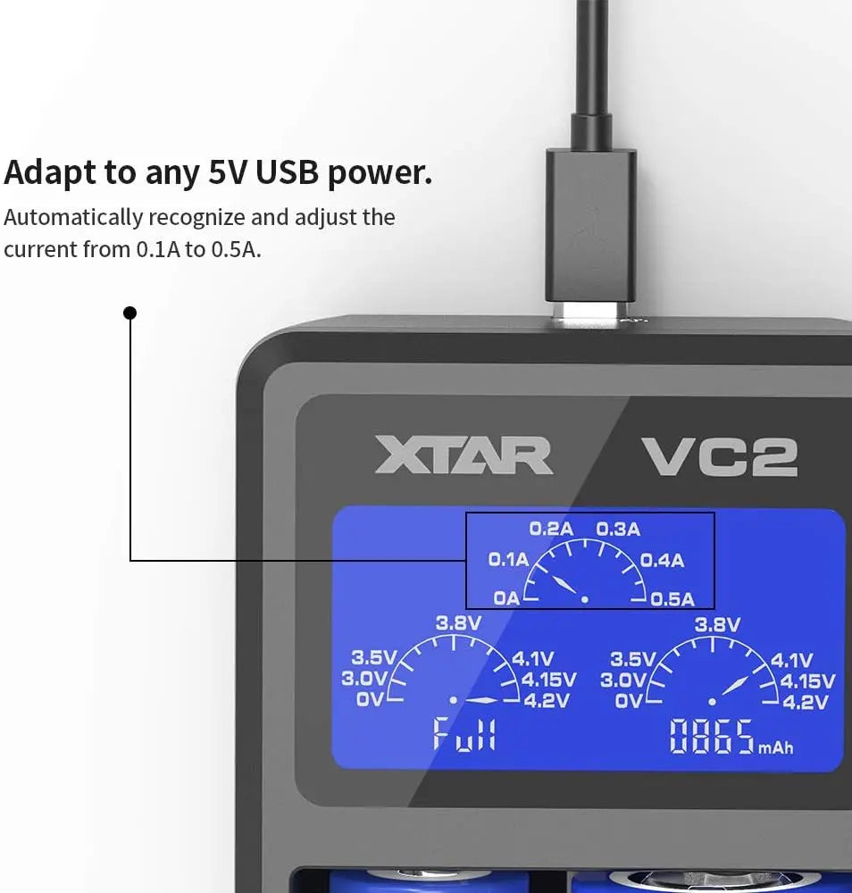 XTAR VC2 USB LCD Dual‑Bay Li‑ion Battery Charger