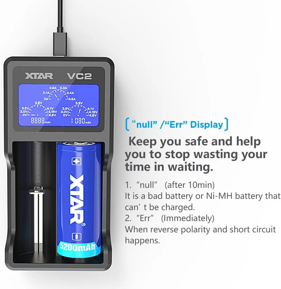 XTAR VC2 USB LCD Dual‑Bay Li‑ion Battery Charger