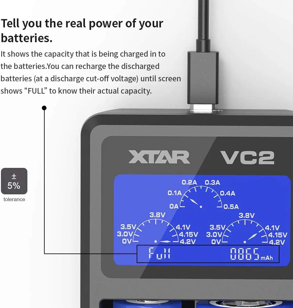 XTAR VC2 USB LCD Dual‑Bay Li‑ion Battery Charger