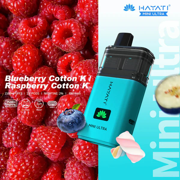 Hayati Mini Ultra 1500 Puffs Prefilled Vape Kit - Blueberry Cotton K / Raspberry Cotton K image