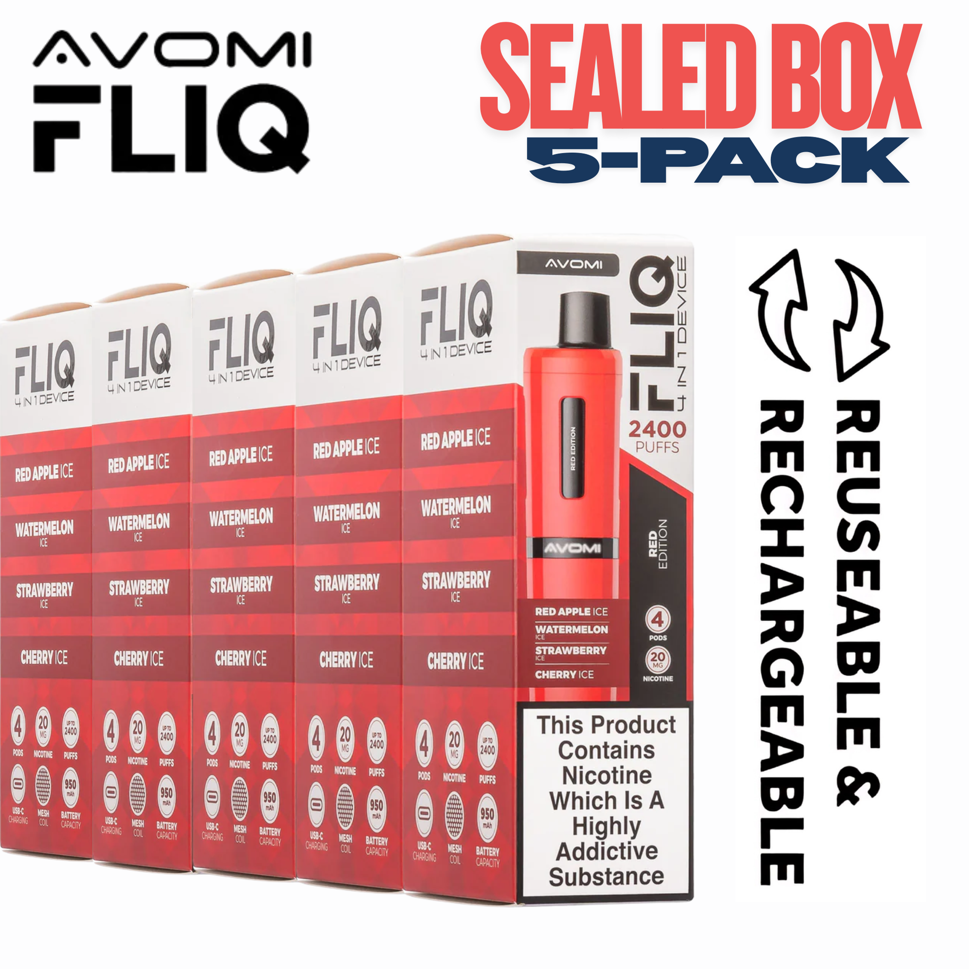 Avomi FLIQ 4-in-1 Prefilled Pod Kit – 2400 Puffs (5-Pack)