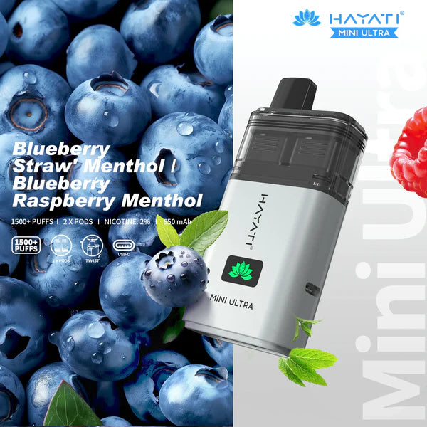 Hayati Mini Ultra 1500 Puffs Prefilled Vape Kit - Blueberry Strawberry Menthol / Blueberry Raspberry Menthol image
