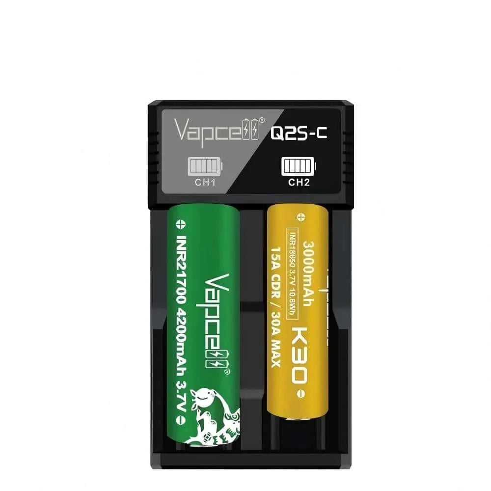 Black Vapcell Q2S-C USB-C charger shown with 18650 and 21700 cells for size illustration