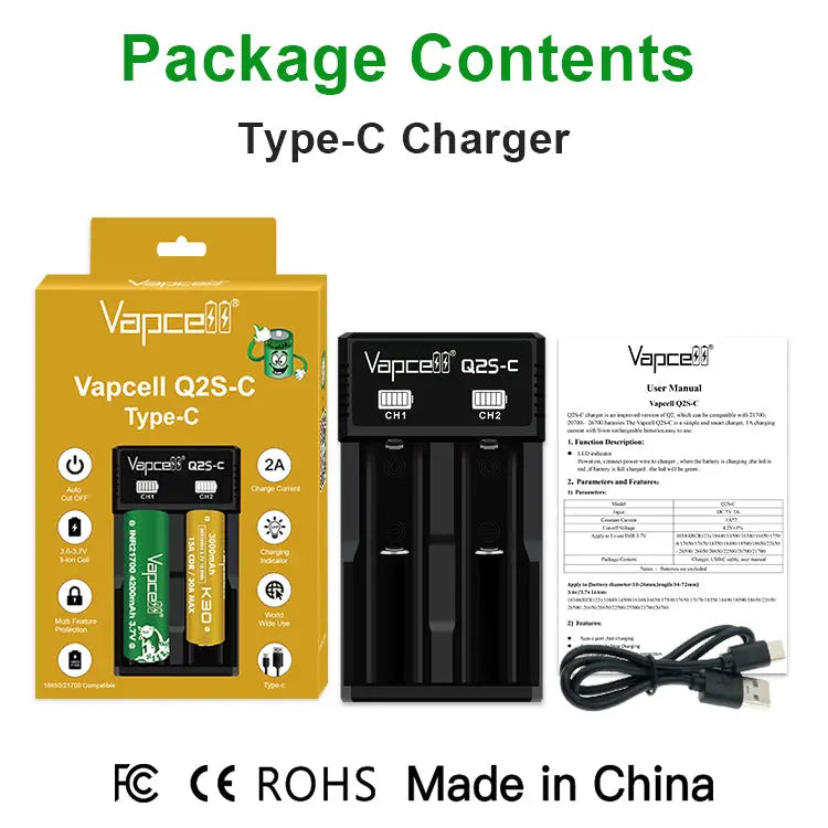 Vapcell Q2S-C package contents with charger, retail box, USB cable and user manual