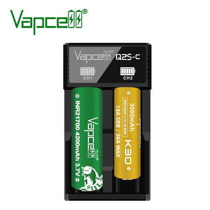 Front view of the black Vapcell Q2S-C dual-bay charger with separate channel indicators