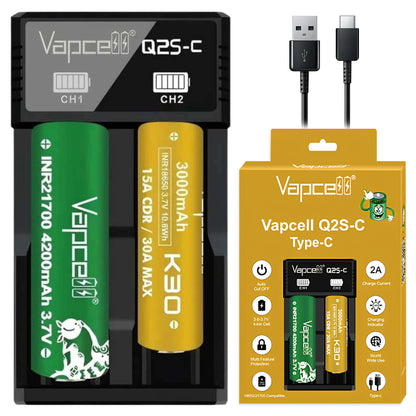 Vapcell Q2S-C USB-C Dual Bay Battery Charger Vapcell