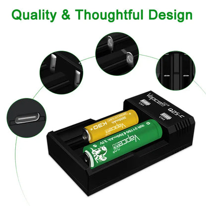 Vapcell Q2S-C charger showing its independent bays, spring-loaded contacts and USB-C input