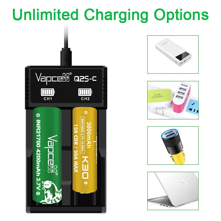 Vapcell Q2S-C dual-bay USB-C charger shown with power bank, wall, car and laptop power options