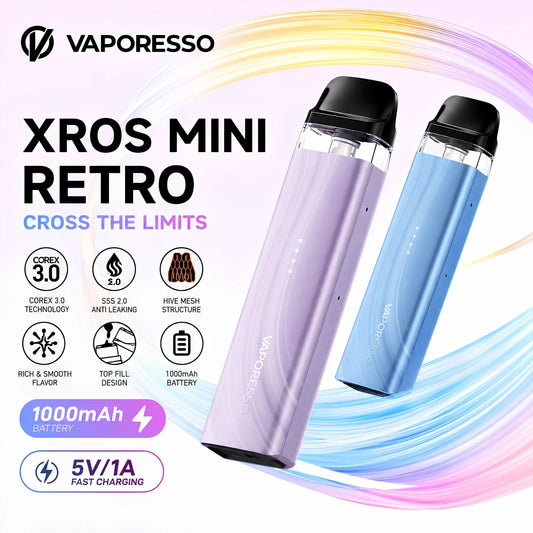 Vaporesso XROS Mini Retro feature image showing COREX 3.0, SSS 2.0, top fill and 1000mAh battery