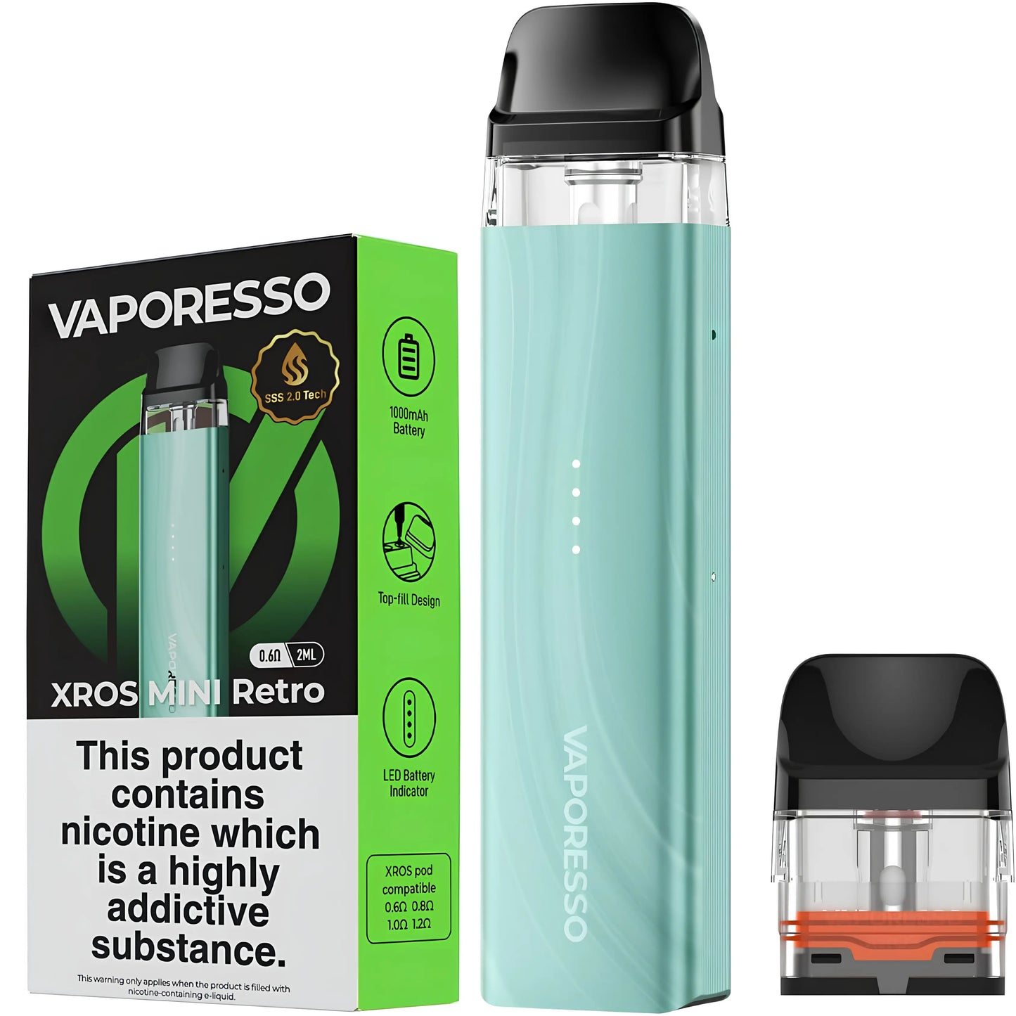 Vaporesso XROS Mini Retro Spring Green refillable pod vape kit with 0.6 ohm XROS pod