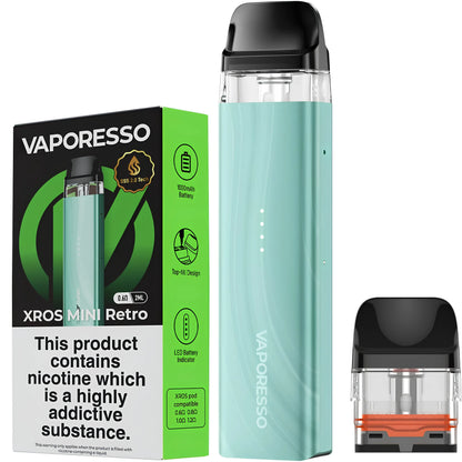 Vaporesso XROS Mini Retro Spring Green refillable pod vape kit with 0.6 ohm XROS pod