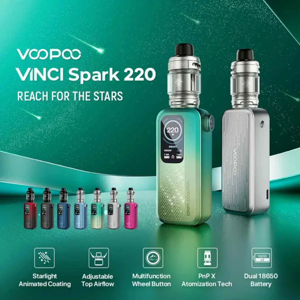 VOOPOO VINCI Spark220 key features including 220W output and dual 18650 power