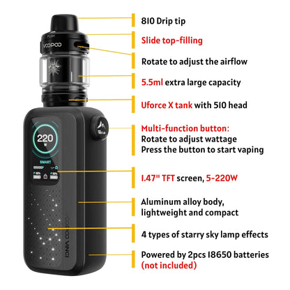 VOOPOO VINCI Spark220 specification including 220W output and dual 18650 power